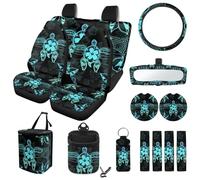 ZIATUBLES Vintage Hibiscus Floral Sea Turtle Print 15 Pcs Car Seat Covers with Steering Wheel Cover Seatbelt Pads Trash Can Air Vent Storage Bag Rearview Mirror Cover Coaster Lipstick Cover