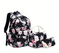ZiaWorld 3Pcs Backpacks and Lunch Bag Set for Girls School Elementary, Floral Print Capacity Waterproof School Bags Bookbags with Strap, with Lunch Bag and Pencil Case, Lightweight, Black