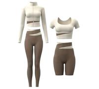 ZiaWorld 4pcs Women Yoga Wear Workout Set with Zipper Long Sleeve Jacket Fitness Yoga Leggings Short Sleeves Padded Top for Running Fitness Seamless Tracksuit (Beige, S)