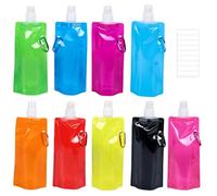Zibeem Foldable Sports Bottle, 9pcs Foldable Water Bottles 480mL, Reusable BPA Fre-e collap-sible Water Bottle, Flexible Drink Pouches Bags With Clip For Outdoor Sports, Travel, Biking, Hiking