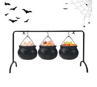 Zibeem Set of 3 Witch Cauldron Bowl Halloween Black Cauldrons Candy Bucket Witches Cauldron Serving Bowls Rack Witch Cauldron Set Trick Or Treat Candy Pail Holder Halloween Decoration
