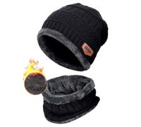 ZIBELL Winter Beanie Hat Neck Warmer Woolen Scarf Set 2 Pcs Fleece Lined Fur Cozy Thick Warm Beanies Hat Knit Skull Cap Neck Warmer for Men Women Christmas Seasonal Gift | Black