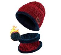 ZIBELL Winter Beanie Hat Neck Warmer Woolen Scarf Set 2 Pcs Fleece Lined Fur Warm Hat Knit Skull Cap Neck Warmer for Men Women Christmas Seasonal Gift | Red