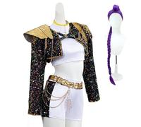 Zickdom Cosplay Costume for Girls, Sequin Glitter Fancy Dress Outfit Set with Jacket Crop Top & Shorts | Black Gold Shiny for Halloween Carnival Party A-Costume + Wig XXL