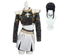 Zickdom Cosplay Costume for Girls, Sequin Glitter Fancy Dress Outfit Set with Jacket Crop Top & Shorts | Black Gold Shiny for Halloween Carnival Party B-Costume + Wig M