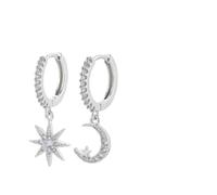 Zicnjodye 1pair Silver Color Needle Star Hoop Earrings For Women Five-pointed Star Moon White Zircon Pendant Gift