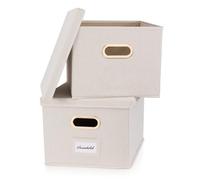 ZICOTO Decorative File Organizer Box Set of 2 - Collapsible Linen Filing Cabinets w/Handles Are Perfect to Store all Your Documents & Hanging File Folders - Portable Easy Slide Crates with Lid