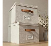 ZICOTO Decorative Ivory File Box Organizer Set of 2 - Collapsible Linen Cabinet for Easy Folder Storage - Store All Your Documents in Style