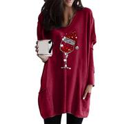 ZICUE Women Casual Cut Stretch T-Shirt Classic Xmas Winter Pullover Tops Midi Length Fall Vacation Sweatshirt Wine Red XL