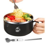 zidiau 304 Stainless Steel Ramen Bowl with Lid, 1000ml Large Instant Noodle Bowl with Folding Chopsticks and Spoon, Insulated Soup Bowl for Ramen Salad Fruit Oatmeal (Jet Black + Folding Tableware)