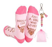 Zidoley 3 Pcs Highland Cow Gifts for Women, Highland Cow Socks Keyring, One Size Crew Sock, Silicone Cute Animal Keyring with Beads & Tassel, Just A Girl Who Loves Gifts (Pink)