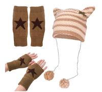 Zidoley Grunge Clothes, 2 Pcs Beanies & Fingerless Gloves, Fox Cat Ear Goth Crochet Knitted Hats, Fingerless Star Printed Gloves, Scene Clothes, Emo Accessories, Y2K Accessories (Khaki, One Size)