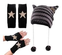 Zidoley Grunge Clothes, 2 Pcs Beanies & Fingerless Gloves, Fox Cat Ear Goth Crochet Knitted Hats, Fingerless Star Printed Gloves, Scene Clothes, Emo Accessories, Y2K Accessories (Black, One Size)