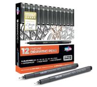 Zieler 12 Fineliner Drawing Pens | 8 Black pens - High Intensity, Water & Fade Proof, Permanent | Plus 2 Sepia & 2 Grey pens