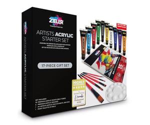 Zieler® - 17-Piece Acrylic Starter Gift Set - 10 Premium Acrylic Paints (38ml Assorted Colours), 5 Premium Acrylic Brushes, A4 Artists Acrylic Pad (15 Sheets, 260gsm) & 11-Well Round Paint Palette
