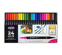 Zieler Fineliner Pens & Watercolour Brush Pens (Duo Tip, Set of 24) Ideal for Colouring, Drawing & Hand Lettering - 48 nibs - Vibrant Colours - Washable, Water-Based Ink