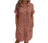 ZIFENGBI Buttoned Short Sleeve Shirt Dress With Pocket For Women,Shift Dress for Women 2024 Tunic Shirt Mini Dress Short Sleeve Cotton Linen Dress Button Sundress (Red-Pink,3XL)