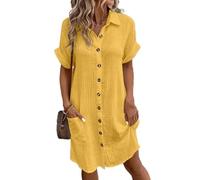 ZIFENGBI Buttoned Short Sleeve Shirt Dress With Pocket For Women,Shift Dress for Women 2024 Tunic Shirt Mini Dress Short Sleeve Cotton Linen Dress Button Sundress (Yellow,3XL)