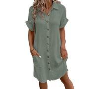 ZIFENGBI Buttoned Short Sleeve Shirt Dress With Pocket For Women,Shift Dress for Women 2024 Tunic Shirt Mini Dress Short Sleeve Cotton Linen Dress Button Sundress (Gray Green,XL)