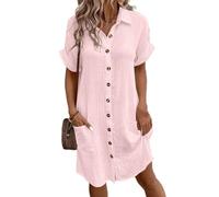 ZIFENGBI Pink Women's L Size Cotton/Linen Shift Dress With Pocket, Button Down Collar, Short Sleeves, Knee-Length, Loose Fit, Casual, All Seasons