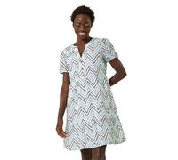 Roman Zig-Zag Embroidered Cotton Tunic Dress for Women UK - Ladies Spring Everyday Summer Holiday V-Neckline Comfy Short Sleeve Soft Knee Length Frock Beach Vacation Gowns - Blue - Size 16