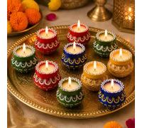 ZIG ZAG Handmade Clay Diya with Wax ( Pack of 10 ) | Multicolor Decorative Oil Lamps for Diwali, Navratri ,Pooja, Temple & Festive Decoration and Gifting ,Matki Pot Shape Tealight ,2inch