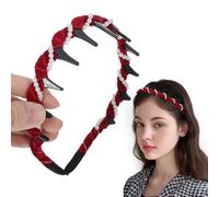 Zig Zag Headband, Non-slip Plastic Teeth Hair Band, Pearl Zigzag Headband Red Velvet Princess Hair Accessories with Elegant Pearl for Women Ladies Girls