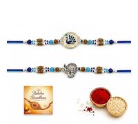 zig zag Silver Pendant Rakhi Set of 2 for Brother | Blue Thread Designer Rakhi Combo | Premium Raksha Bandhan Rakhi with Roli Chawal Greeting Card, SIlver (RN-2252-2253)