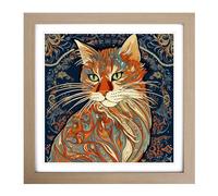 Ziggy Stardust Cat Art Nouveau Framed Print | 18x18 Inch Oak Framed Wall Art | Ready to Hang | Modern Animal Picture | Living Room Bedroom Lounge Office