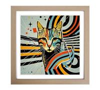 Ziggy Stardust Cat Constructivism Framed Print | 18x18 Inch Oak Framed Wall Art | Ready to Hang | Modern Animal Picture | Living Room Bedroom Lounge Office