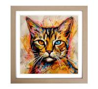 Ziggy Stardust Cat Gestural Art No.2 Framed Print | 18x18 Inch Oak Framed Wall Art | Ready to Hang | Eclectic Animal Picture | Living Room Bedroom Lounge Office