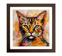 Ziggy Stardust Cat Gestural Art No.2 Framed Print | 18x18 Inch Walnut Framed Wall Art | Ready to Hang | Eclectic Animal Picture | Living Room Bedroom Lounge Office