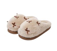 Zigihos Cute Bow Fuzzy Slippers for Women Fluffy Plush Warm Slippers, khaki, 4 UK
