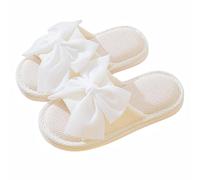 Zigihos Women's Memory Foam Open Toe Slide Slippers with Cute Bow, Slip-on House Shoes, Summer Linen Slippers with Rubber Sole, White, 3 UK