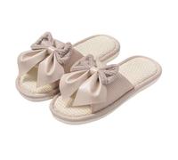 Zigihos Women's Memory Foam Open Toe Slide Slippers with Cute Bow, Slip-on House Shoes, Summer Linen Slippers Indoor Outdoor, Brown, 3 UK