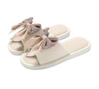 Zigihos Women's Memory Foam Open Toe Slide Slippers with Cute Bow, Slip-on House Shoes, Summer Linen Slippers Indoor Outdoor, White, 5.5 UK