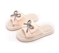 Zigihos Women's Memory Foam Open Toe Slide Slippers with Cute Bow, Slip-on House Shoes, Summer Linen Slippers Indoor Outdoor, White, 3 UK