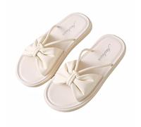 Zigihos Women's Memory Foam Open Toe Slide Slippers with Cute Bow, Slip-on House Shoes, Summer Sandal Slippers with Indoor Outdoor Rubber Sole, White, 4