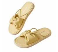 Zigihos Women's Memory Foam Open Toe Slide Slippers with Cute Bow, Slip-on House Shoes, Summer Sandal Slippers with Indoor Outdoor Rubber Sole, Yellow, 4