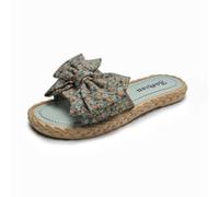 Zigihos Women's Open Toe Slide Slippers with Cute Bow, Slip-on House Shoes, Summer Linen Slippers with Rubber Sole, Green, 3 UK