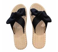 Zigihos Women's Open Toe Slide Slippers with Cute Bow, Summer Crossband Linen Sandal Slippers, Slip-on House Shoes, Black, 4