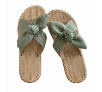 Zigihos Women's Open Toe Slide Slippers with Cute Bow, Summer Crossband Linen Sandal Slippers, Slip-on House Shoes, Green, 4.5 UK