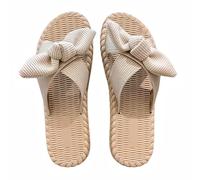 Zigihos Women's Open Toe Slide Slippers with Cute Bow, Summer Crossband Linen Sandal Slippers, Slip-on House Shoes, White, 2.5 UK