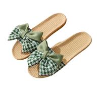 Zigihos Women's Open Toe Slide Slippers with Cute Bow, Summer Linen Sandal Slippers, Slip-on House Shoes Indoor Outdoor Rubber Sole, Green, 5.5-6.5