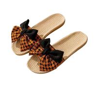 Zigihos Women's Open Toe Slide Slippers with Cute Bow, Summer Linen Sandal Slippers, Slip-on House Shoes Indoor Outdoor Rubber Sole, Black, 4-5