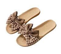 Zigihos Women's Open Toe Slide Slippers with Cute Bow, Summer Linen Sandal Slippers, Slip-on House Shoes Indoor Outdoor Rubber Sole, Brown, 5.5-6.5