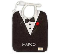 Zigozago - Party Baby Bib in Embroidered Cotton Terry | Elegant Smoking Tuxedo with Black Tie Design | Handmade | Tie or Elastic Closure | Personalised with Name | Size: 20 x 27 cm | Colour: Black