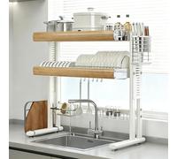 ZIGTUEI Over The Sink Dish Drying Rack, 1-2 Tier Metal Dish Drainer with Utensil Holder, Kitchen Counter Storage Organizers, for Homes and Restaurants(Wood,70 * 78cm/27.5 * 30.7in)