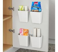 Zikenis Pack of 4 Self-Adhesive Wall Mounted White Plastic Storage Boxes, Bathroom Organiser, Kitchen Cabinet Door Storage Box, for Cupboard, Bathroom, Fridge Small Items Organiser