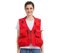 Ziker Women's Mesh Breathable Openwork Jouralist Photographer Fishing Vest Waistcoat Travel Jacket Coat With Pockets, New Red, L